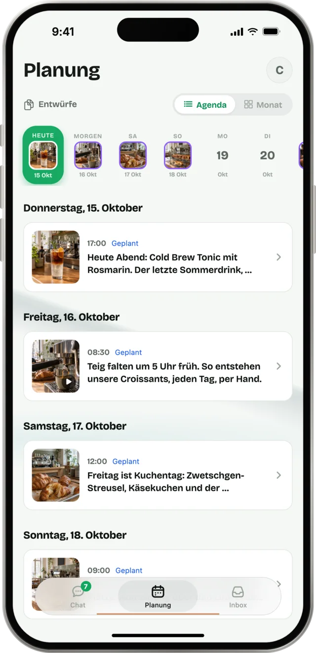 Wochenplanung in der Fiona-App mit geplanten Posts