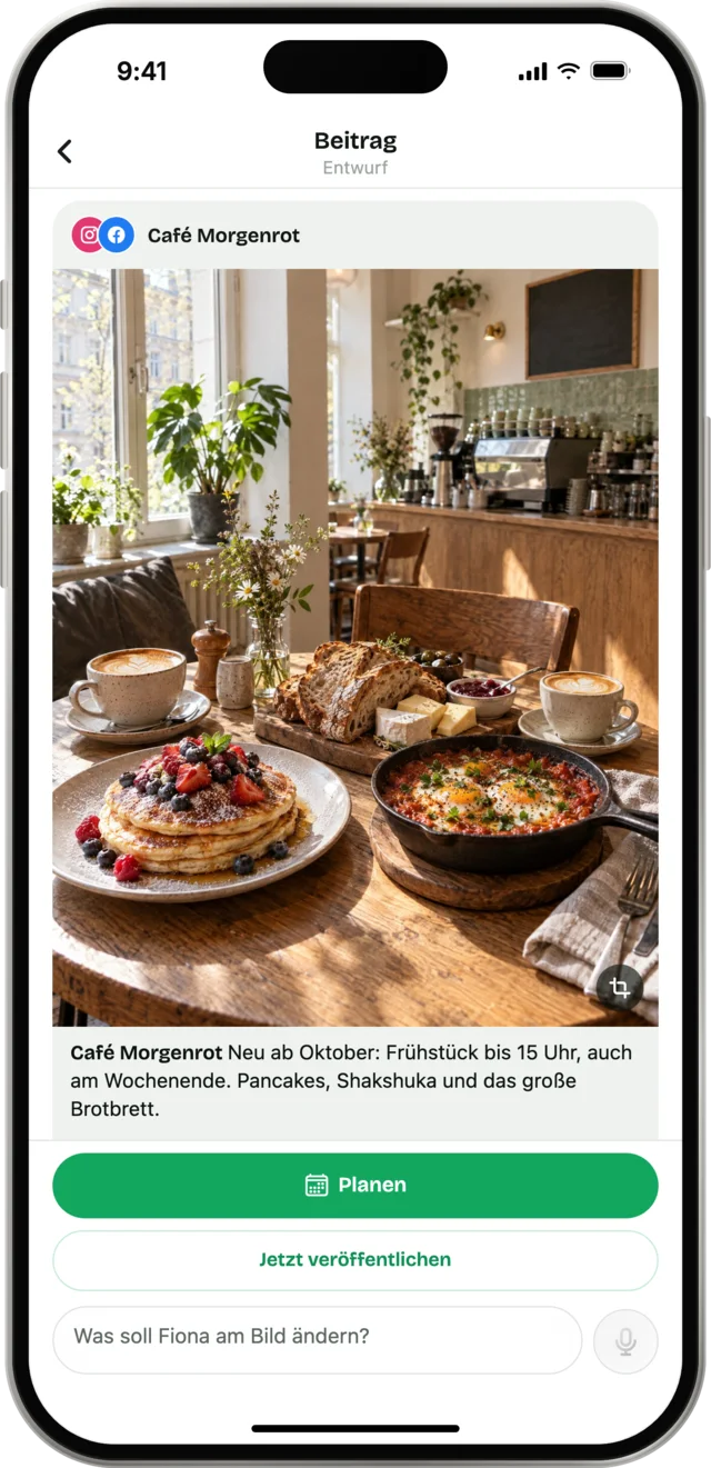 Vorschau eines Posts in der Fiona-App mit den Knöpfen Planen und Jetzt veröffentlichen